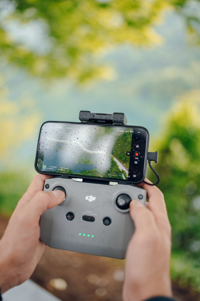 Close-up of hands controlling a drone with a smartphone display outdoors in nature.